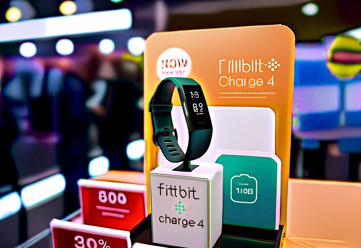 A Fitbit Charge 4 displayed on a discount rack with promotional signs nearby