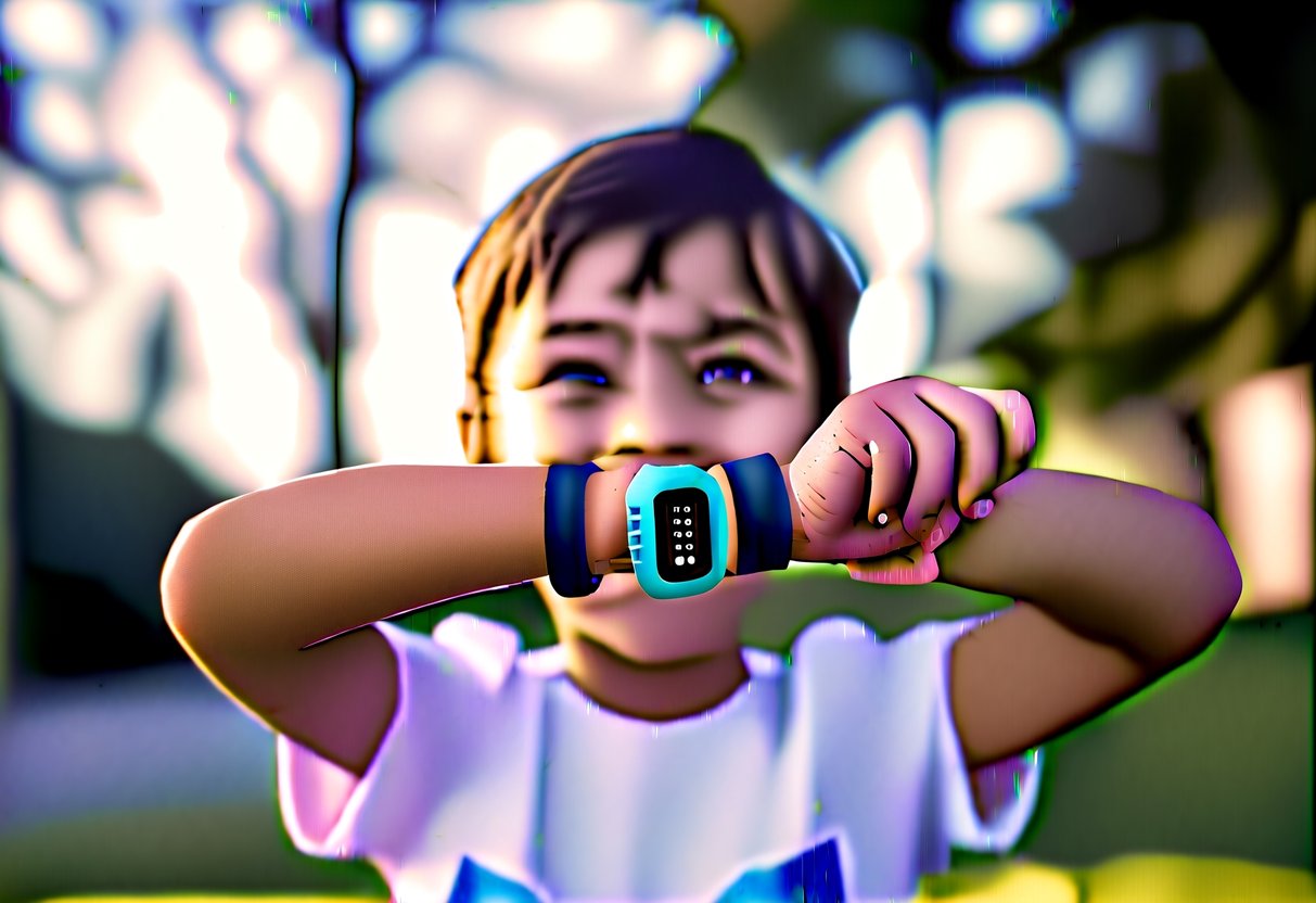 A child happily wearing a Fitbit Ace 3 while playing outdoors