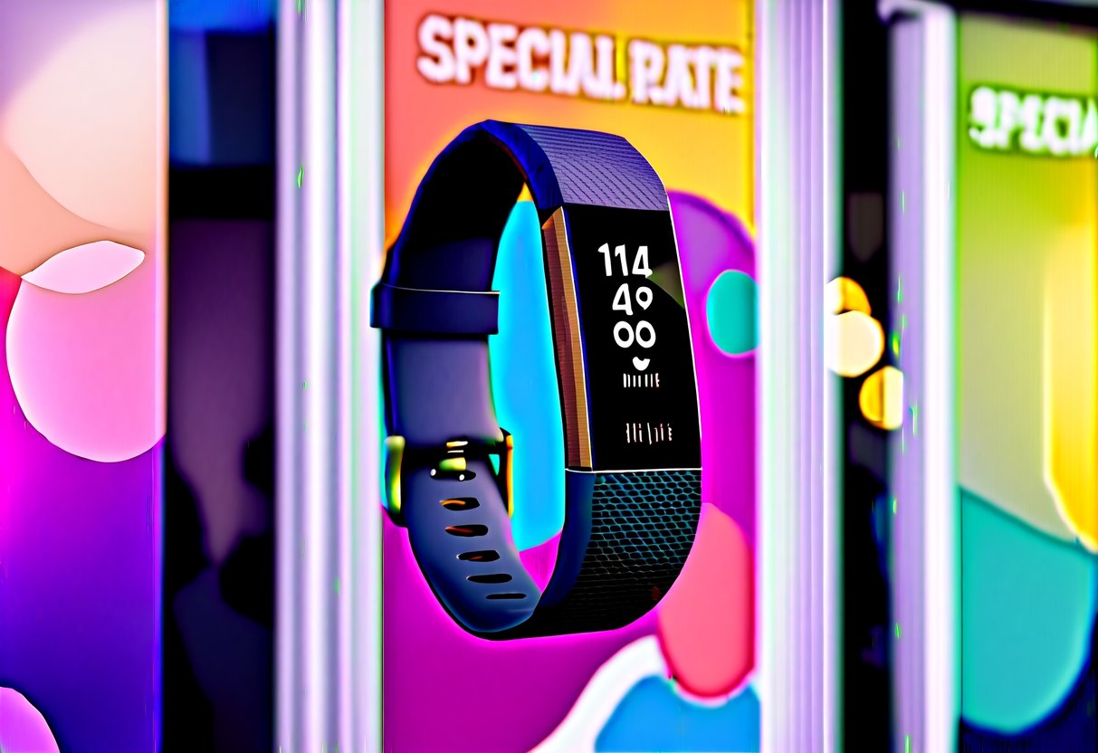 A Fitbit Inspire HR displayed on a vibrant, eye-catching promotional banner with the special rate highlighted