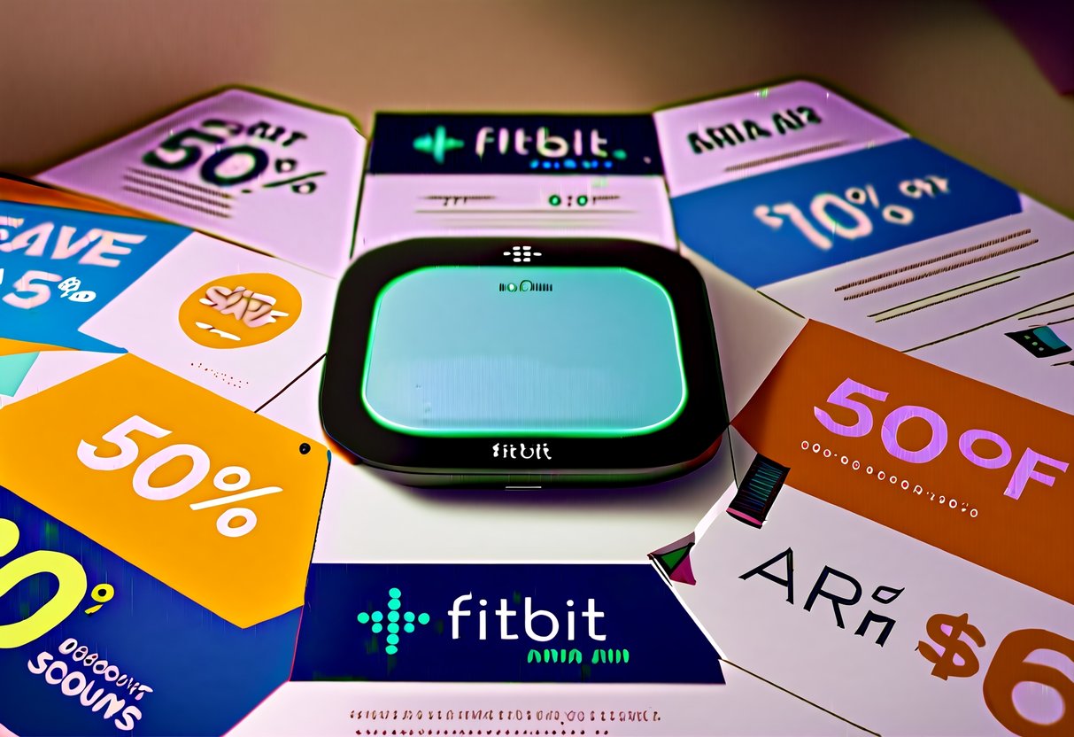 A Fitbit Aria Air smart scale surrounded by promotional banners and discount signs