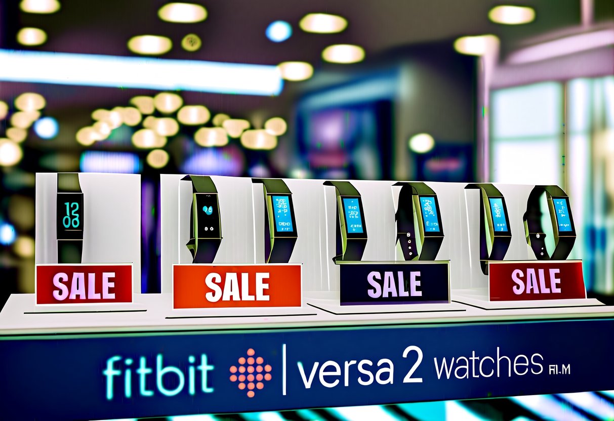 A display of Fitbit Versa 2 watches with prominent sale signs