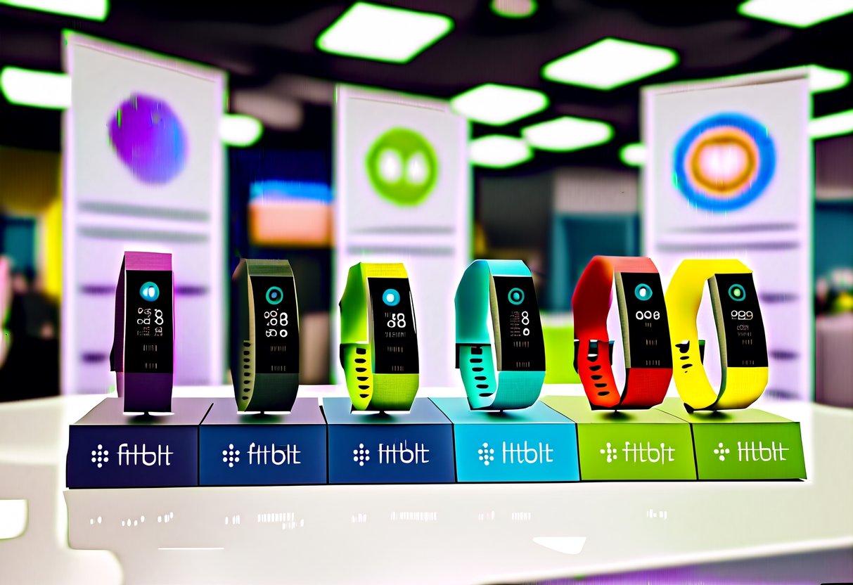 A colorful display of Fitbit devices with eye-catching promotional banners and logos