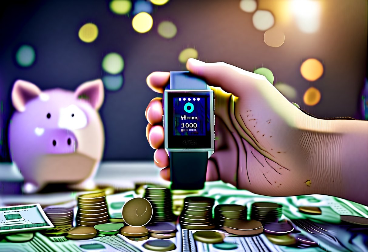 A hand holding a Fitbit device surrounded by coins and dollar bills. A piggy bank overflowing with money sits in the background