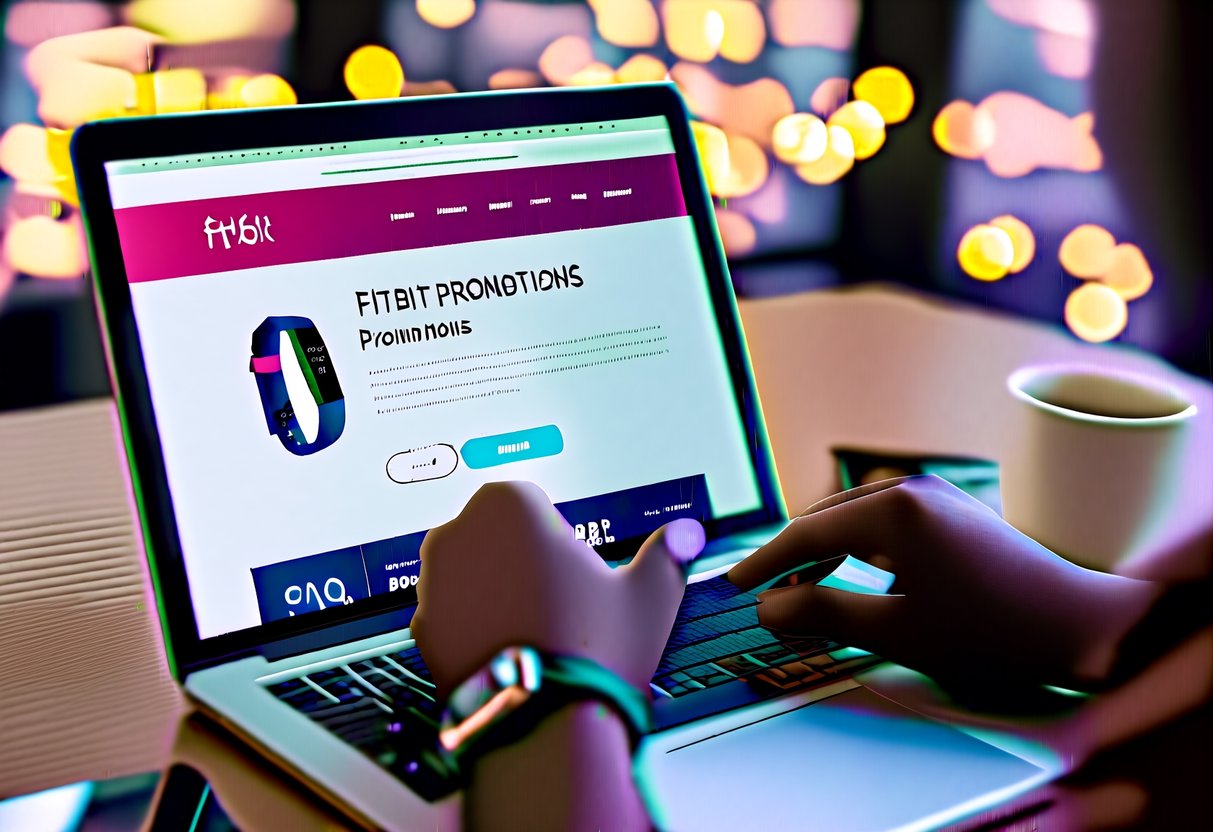 A person browsing a Fitbit promotions webpage with FAQ section visible
