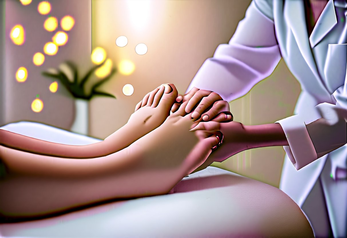 A pair of feet receiving a soothing massage, with a serene atmosphere and soft lighting to convey relaxation and rejuvenation