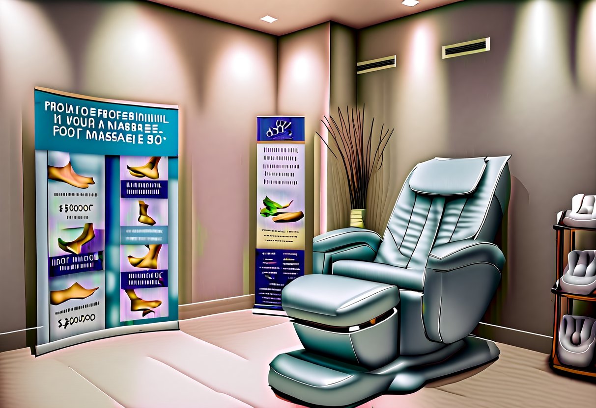 A serene spa room with a comfortable massage chair, soothing lighting, and a display of various foot massage promotions