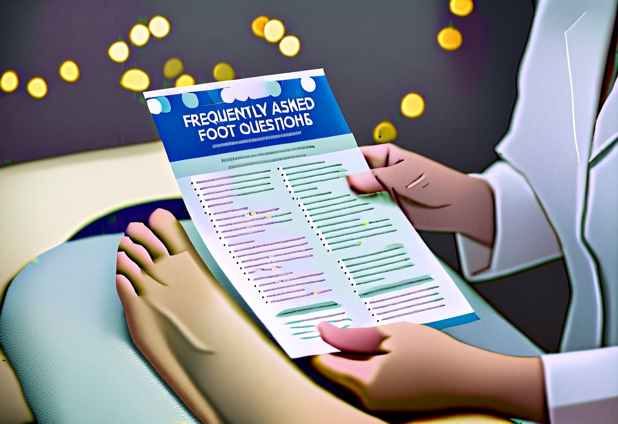 A person receiving a foot massage while reading a promotional flyer with frequently asked questions