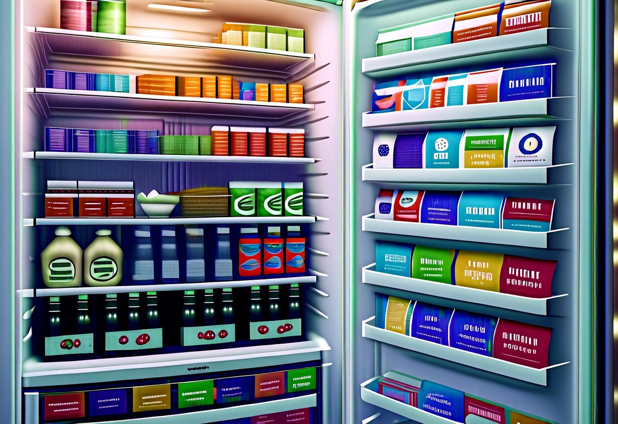 A fridge filled with colorful promotional stickers and labels