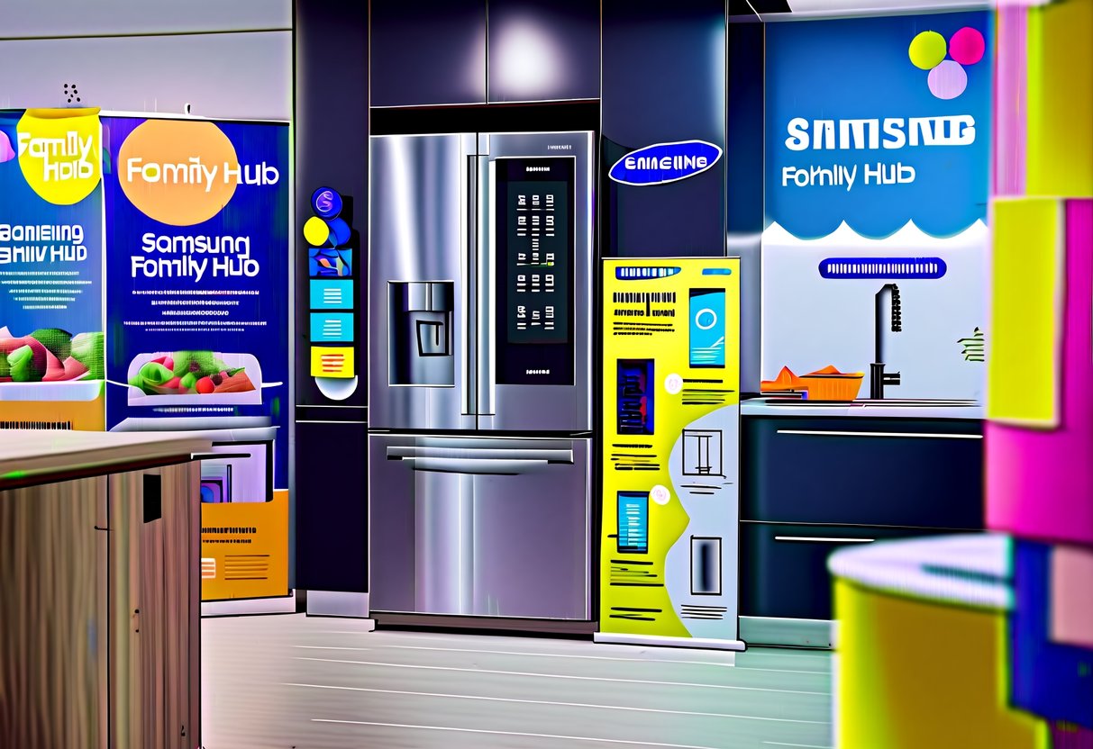 A modern kitchen with a sleek Samsung Family Hub fridge prominently displayed, surrounded by promotional materials and vibrant colors