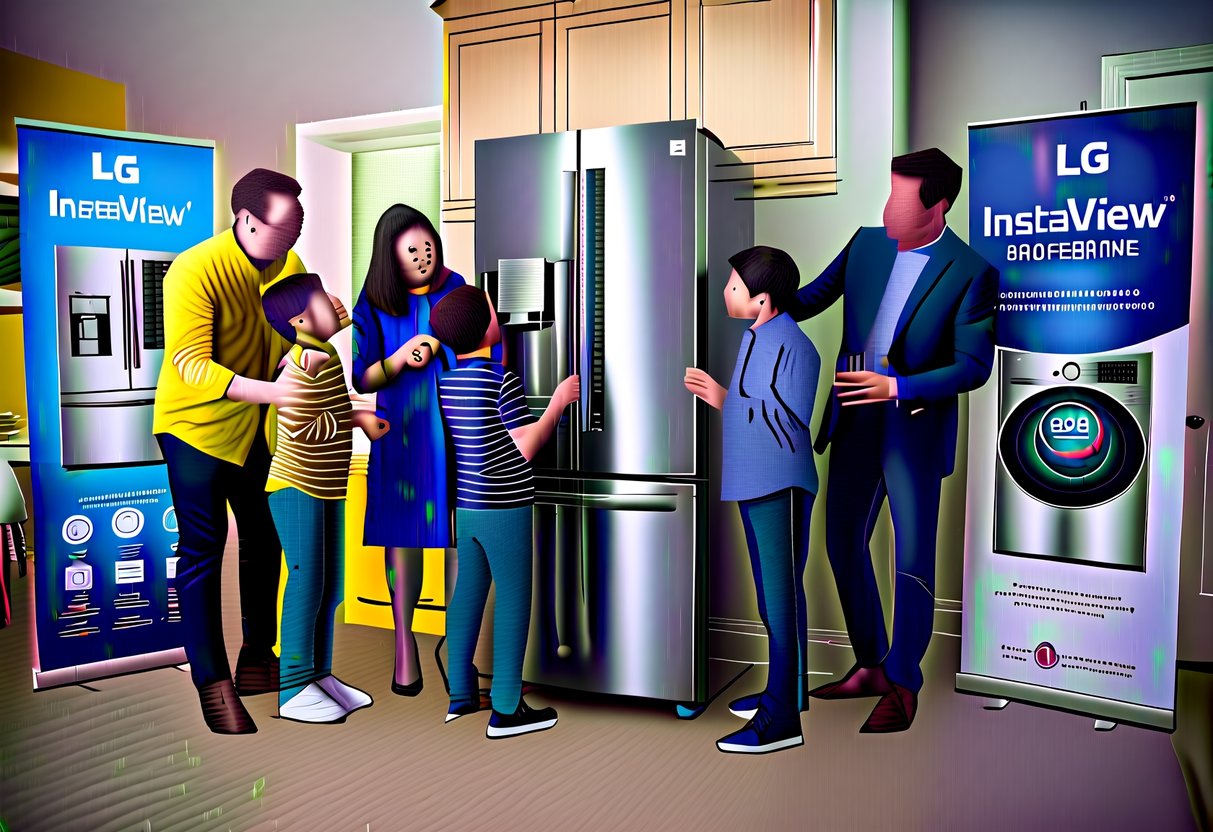 A family gathers around a sleek LG InstaView fridge, admiring its innovative features while promotional banners and materials surround the appliance