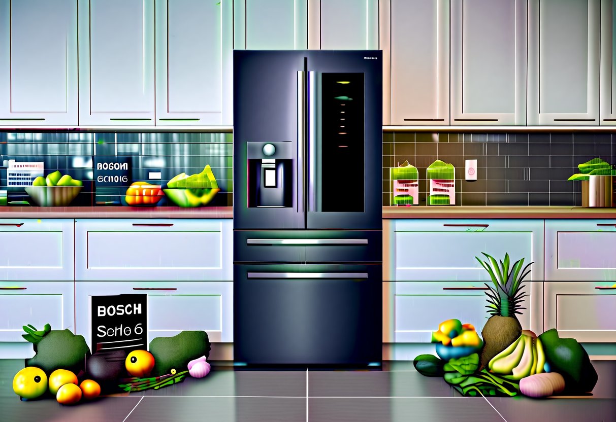 A modern kitchen with a sleek Bosch Serie 6 fridge prominently displayed, surrounded by various fresh produce and promotional signage