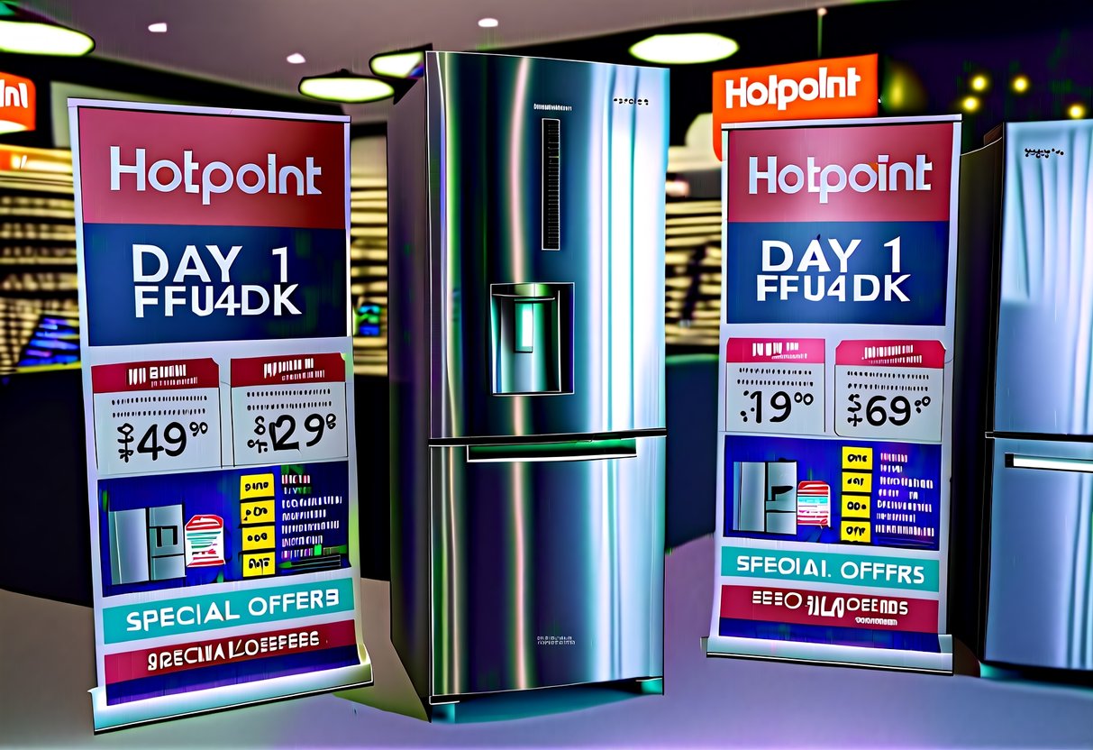 A sleek, modern refrigerator with a prominent Hotpoint Day 1 FFU4DK logo, surrounded by promotional signage and special offers