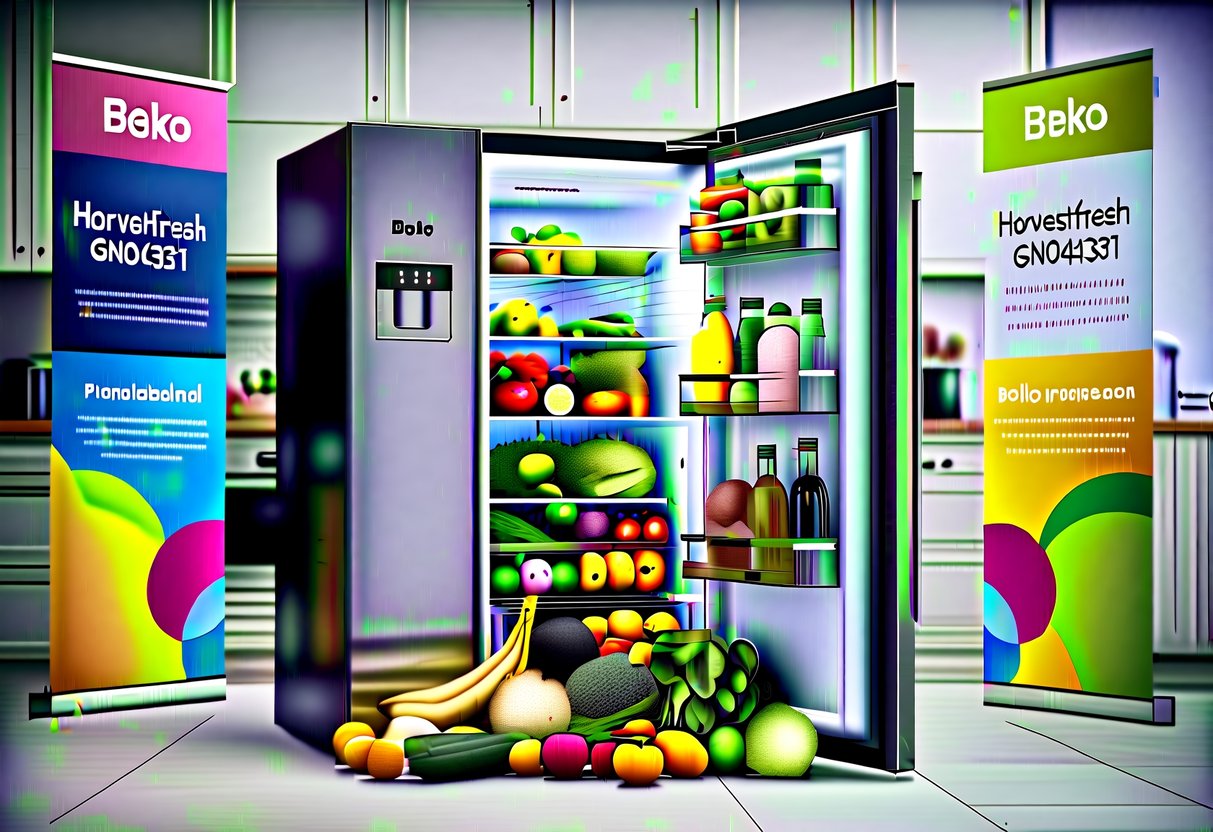 A kitchen filled with fresh fruits and vegetables spilling out of the Beko HarvestFresh GNO4331 fridge, with vibrant promotional banners surrounding it