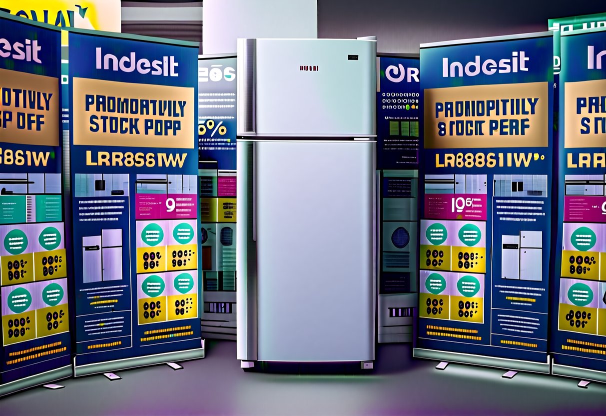 A sleek white Indesit LR8S1W fridge surrounded by promotional banners and discounts
