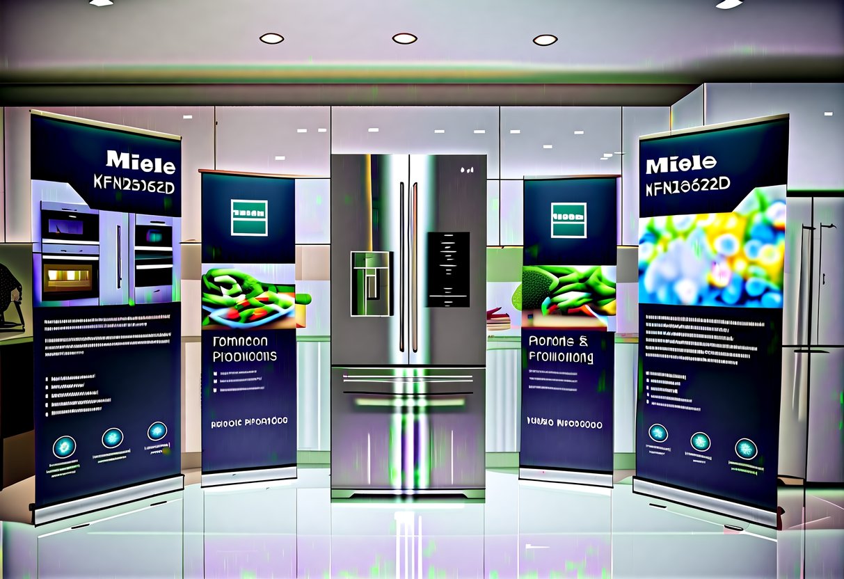 A modern kitchen with a sleek Miele KFN29162D fridge prominently displayed, surrounded by promotional graphics and signage