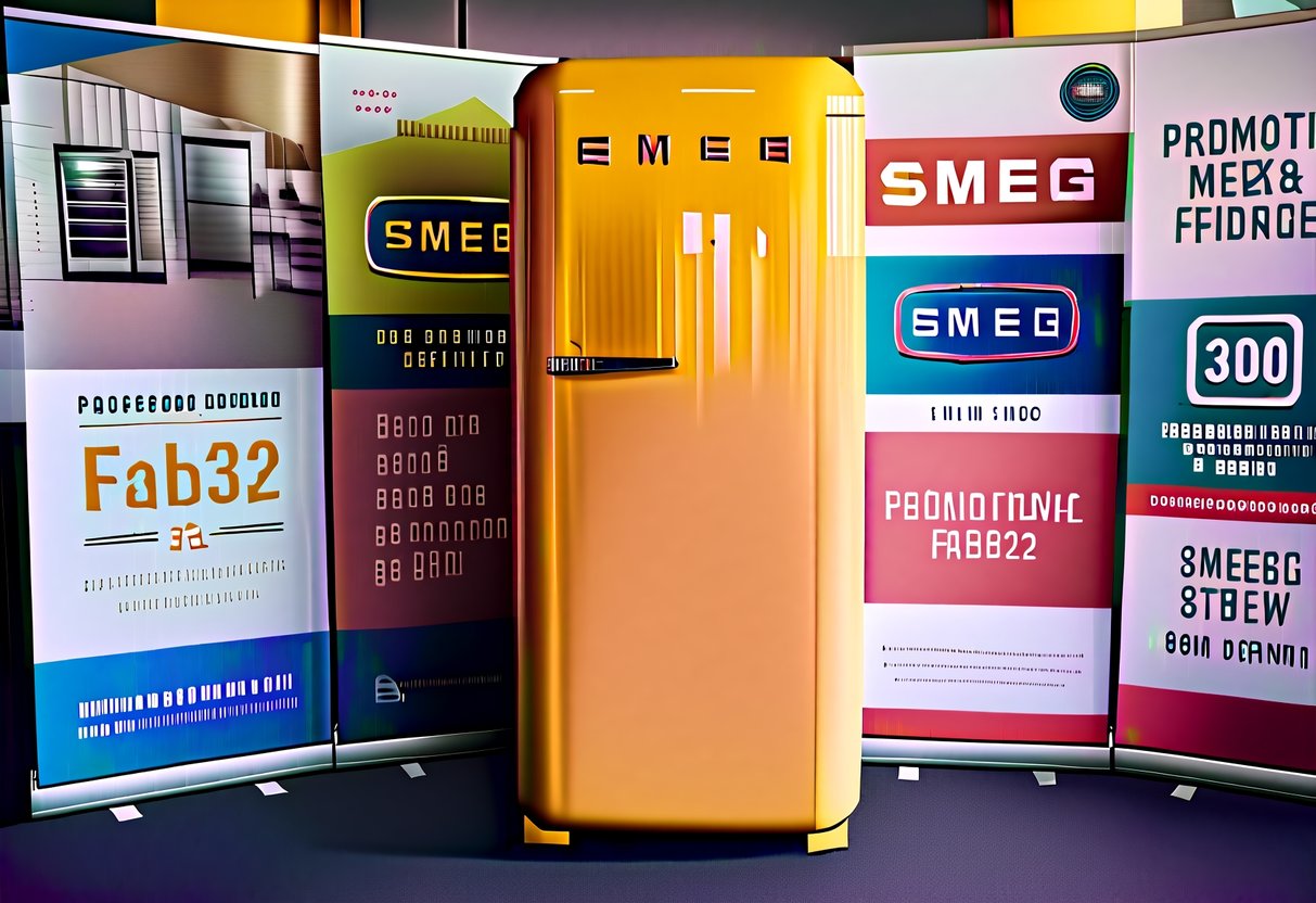 A brightly colored Smeg FAB32 fridge surrounded by promotional banners and signs