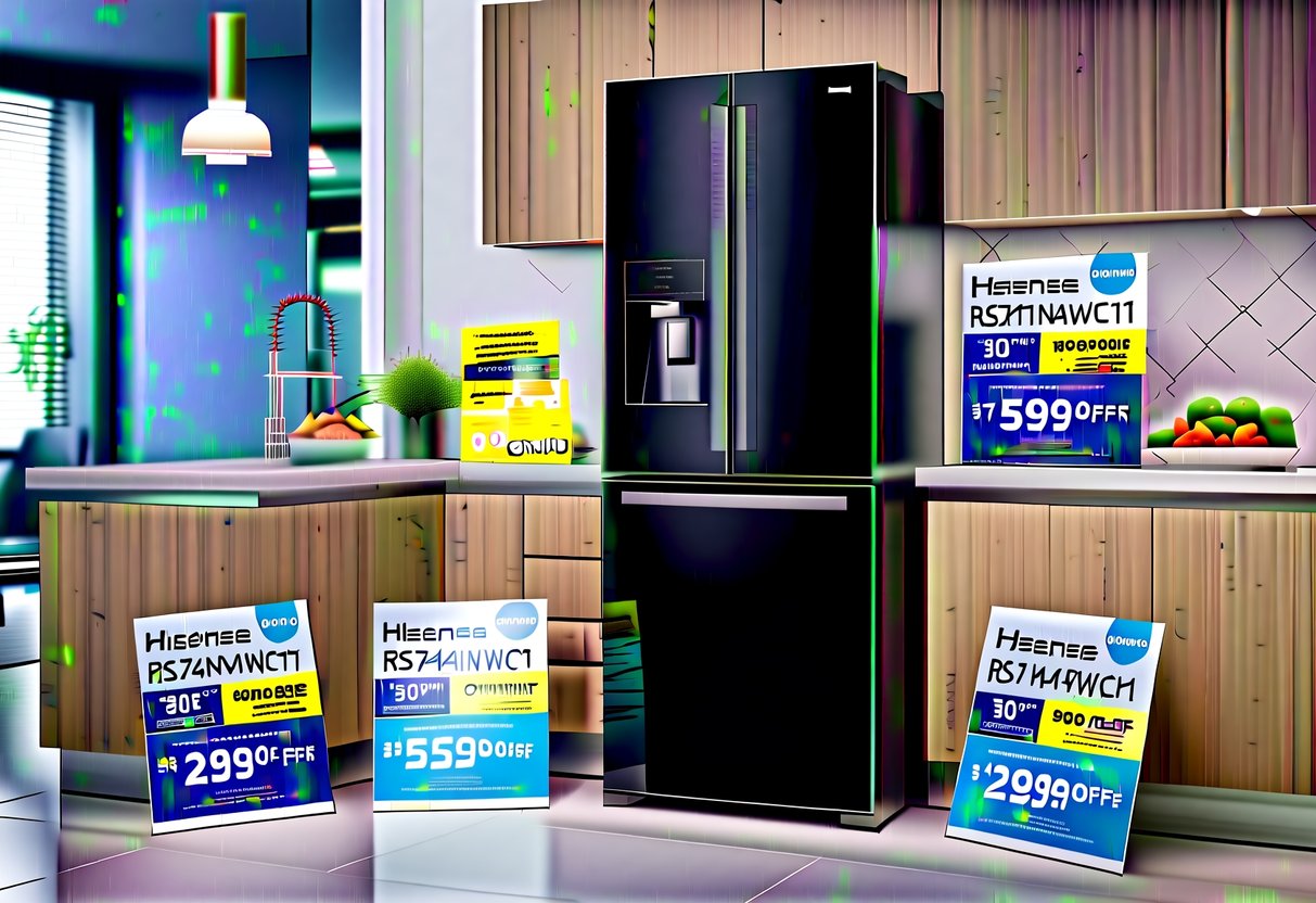 A modern kitchen with a sleek Hisense RS741N4WC11 fridge prominently displayed, surrounded by promotional materials and special offers