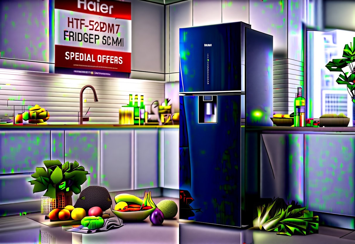 A sleek Haier Cube HTF-452DM7 fridge sits in a modern kitchen, surrounded by fresh produce and beverages. A promotional banner hangs above, highlighting special offers