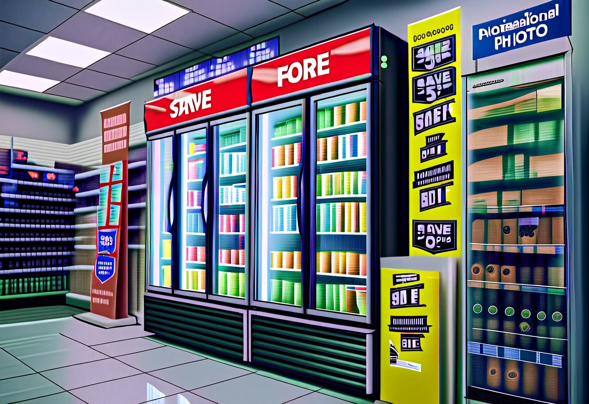 A brightly lit fridge stocked with discounted items, surrounded by eye-catching promotional signage and stickers