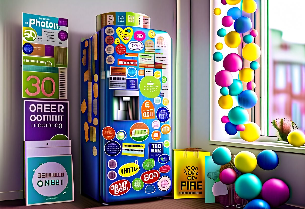 A colorful fridge covered in promotional stickers and magnets, surrounded by cheerful, eye-catching marketing materials