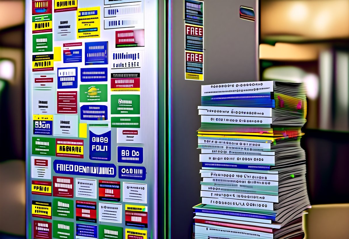 A fridge covered in promotional stickers and labels, with a stack of frequently asked questions pamphlets nearby