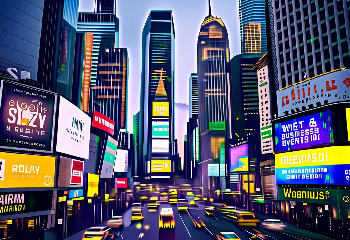 A bustling city with skyscrapers, billboards, and busy streets. Bright lights and colorful signs promote various businesses and events