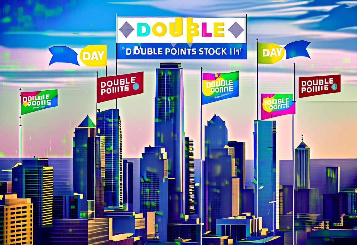 City skyline with buildings featuring "Double Points Day" promotions. Bright, colorful banners and signs displayed prominently