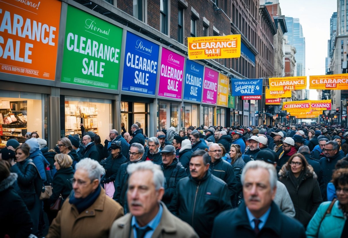 Crowds flock to city streets, drawn by colorful signs and banners advertising a Seasonal Clearance Sale. Storefronts display discounted merchandise