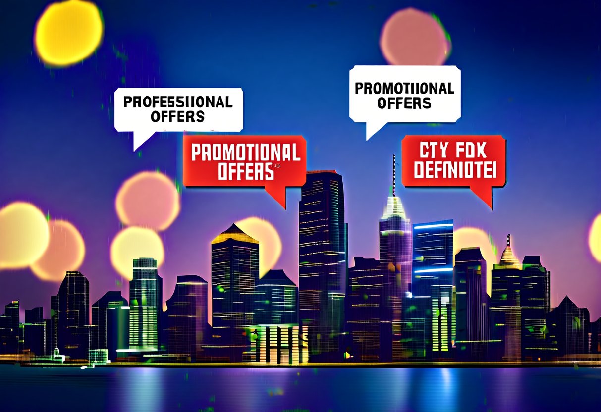 City skyline with flashing lights and speech bubbles showing promotional offers