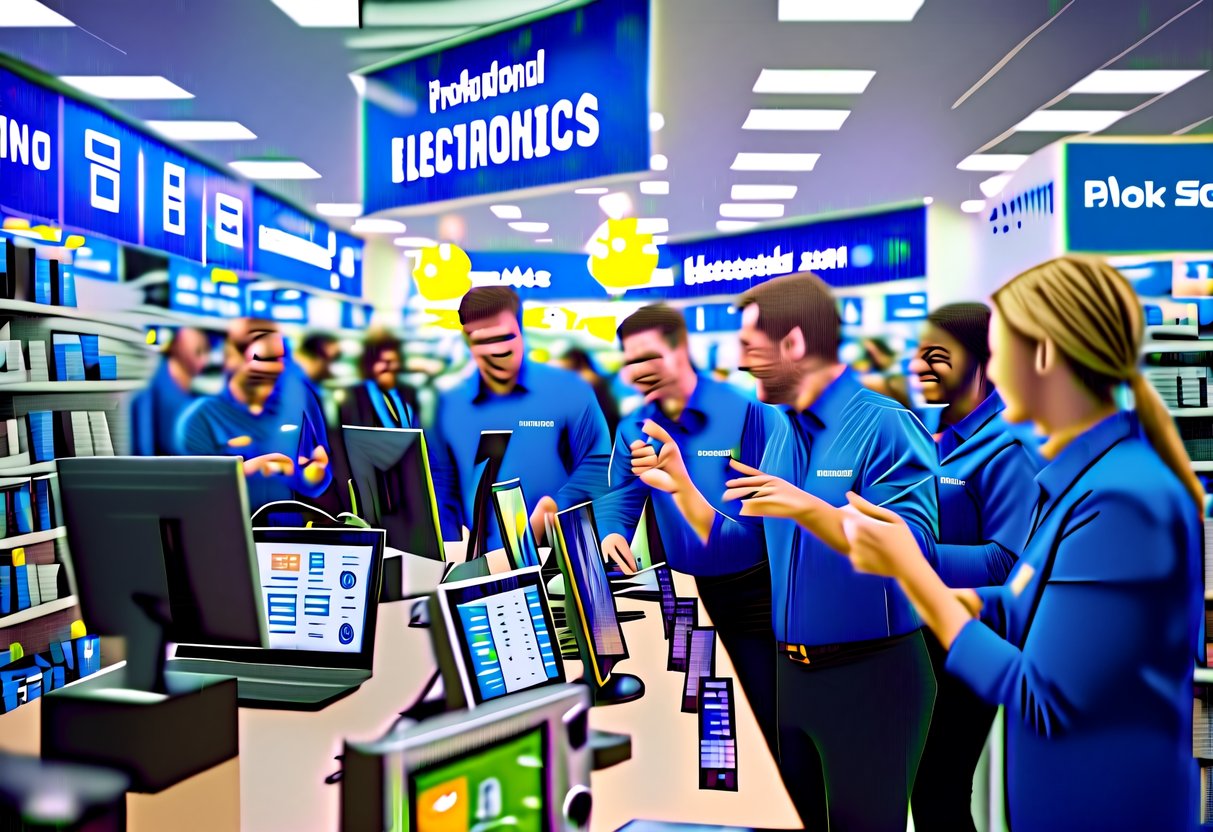 A bustling electronics store with bright banners, flashing lights, and enthusiastic staff demonstrating the latest products