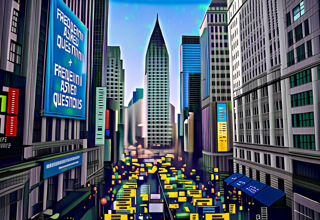 A bustling city with tall buildings and busy streets. Signs and banners promoting "Frequently Asked Questions" events and activities all around