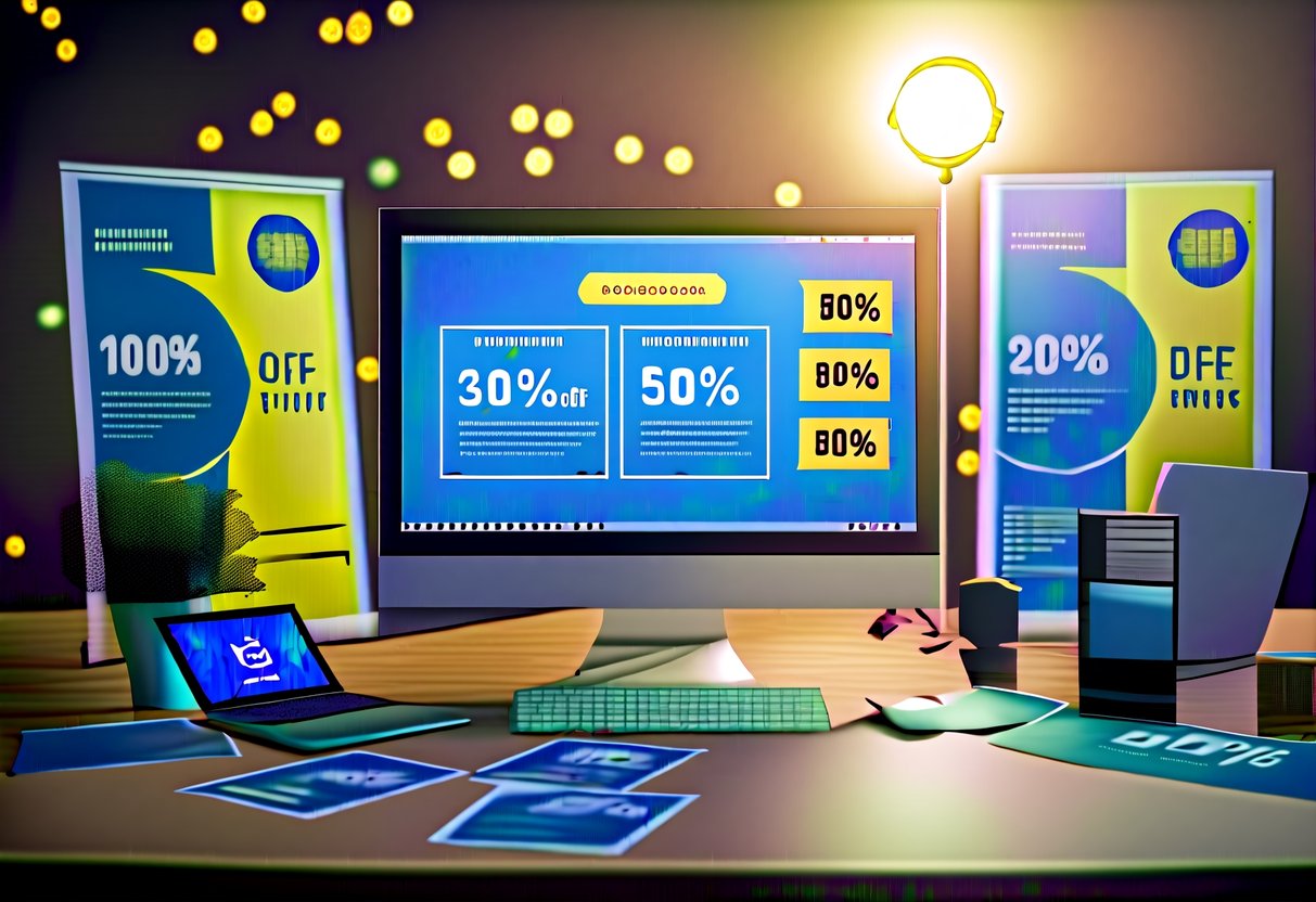 A desktop PC surrounded by promotional banners, discount stickers, and a bright spotlight