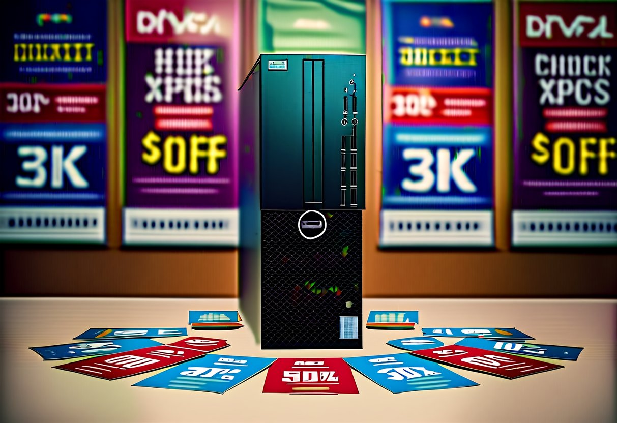 A sleek Dell XPS Tower surrounded by promotional banners and discount tags
