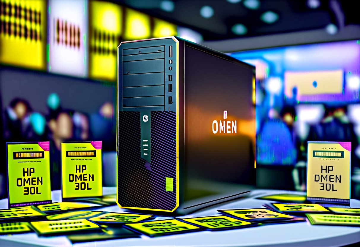 A powerful HP Omen 30L desktop PC surrounded by promotional deals and offers