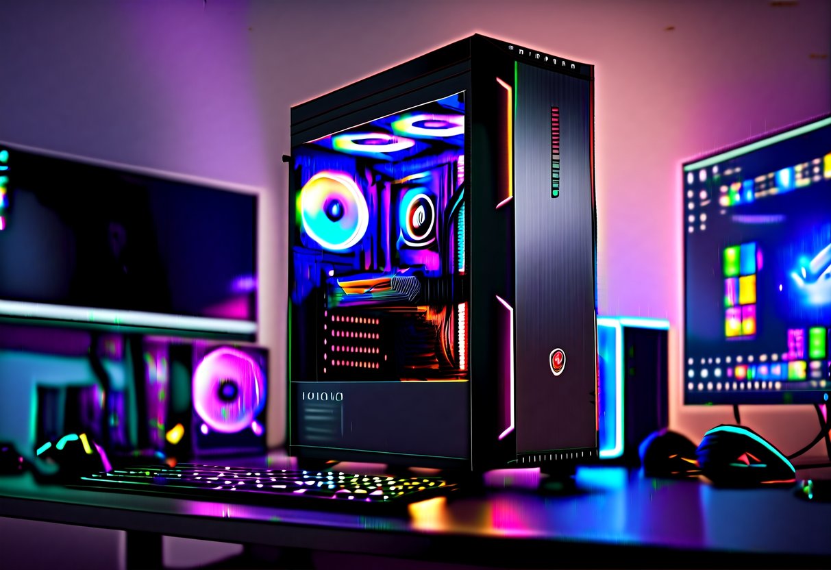 A sleek and powerful Lenovo Legion Tower 5 sits on a desk, surrounded by gaming accessories and illuminated by colorful LED lights