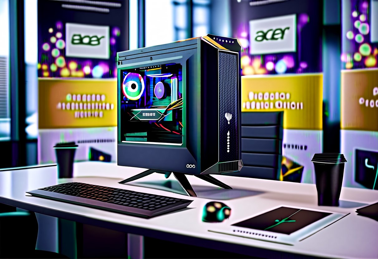 A sleek Acer Predator Orion 3000 desktop PC sits on a modern desk, surrounded by promotional banners and graphics
