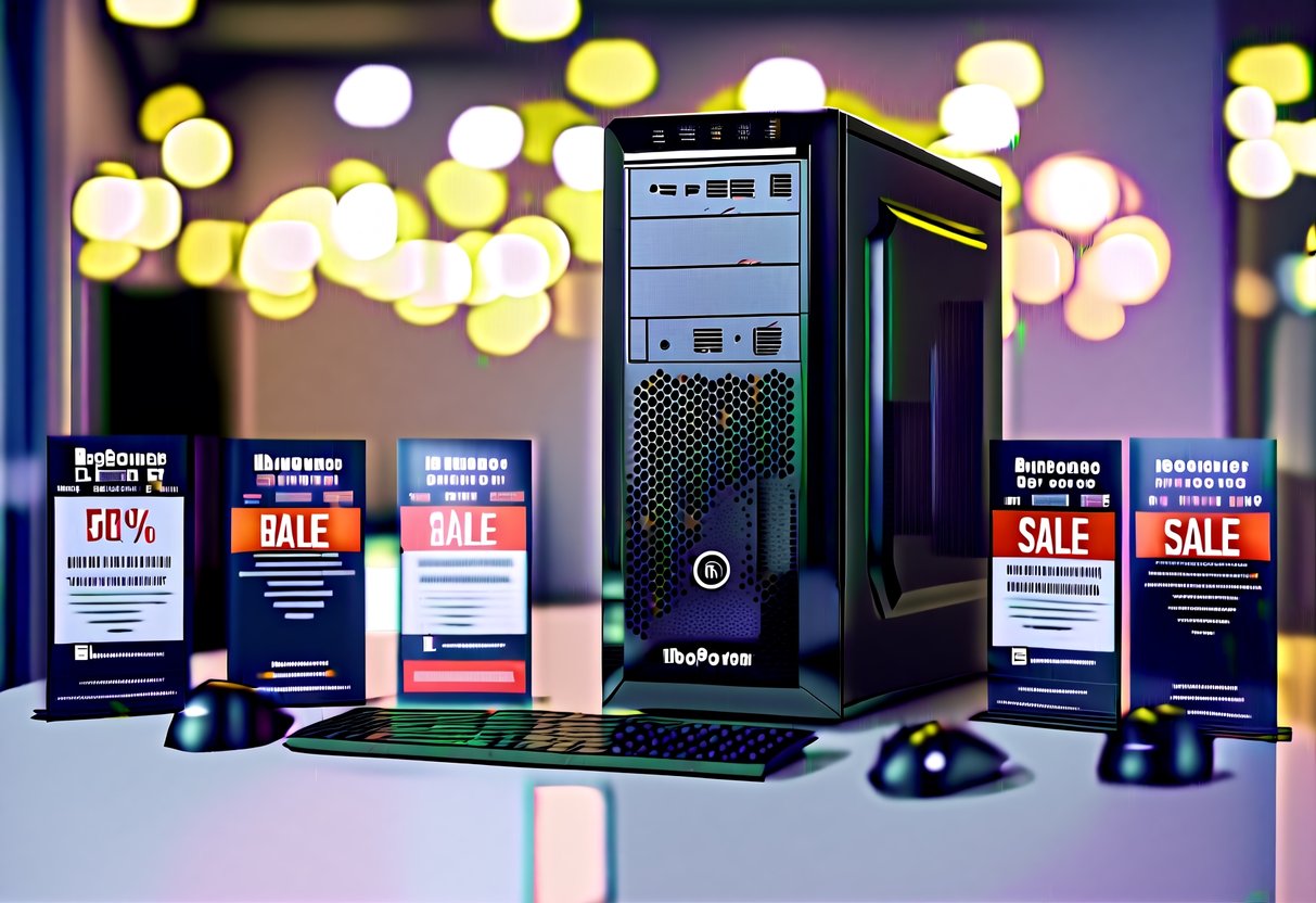 A sleek iBuyPower Element MR desktop PC surrounded by customizable components and marked with sale promotions