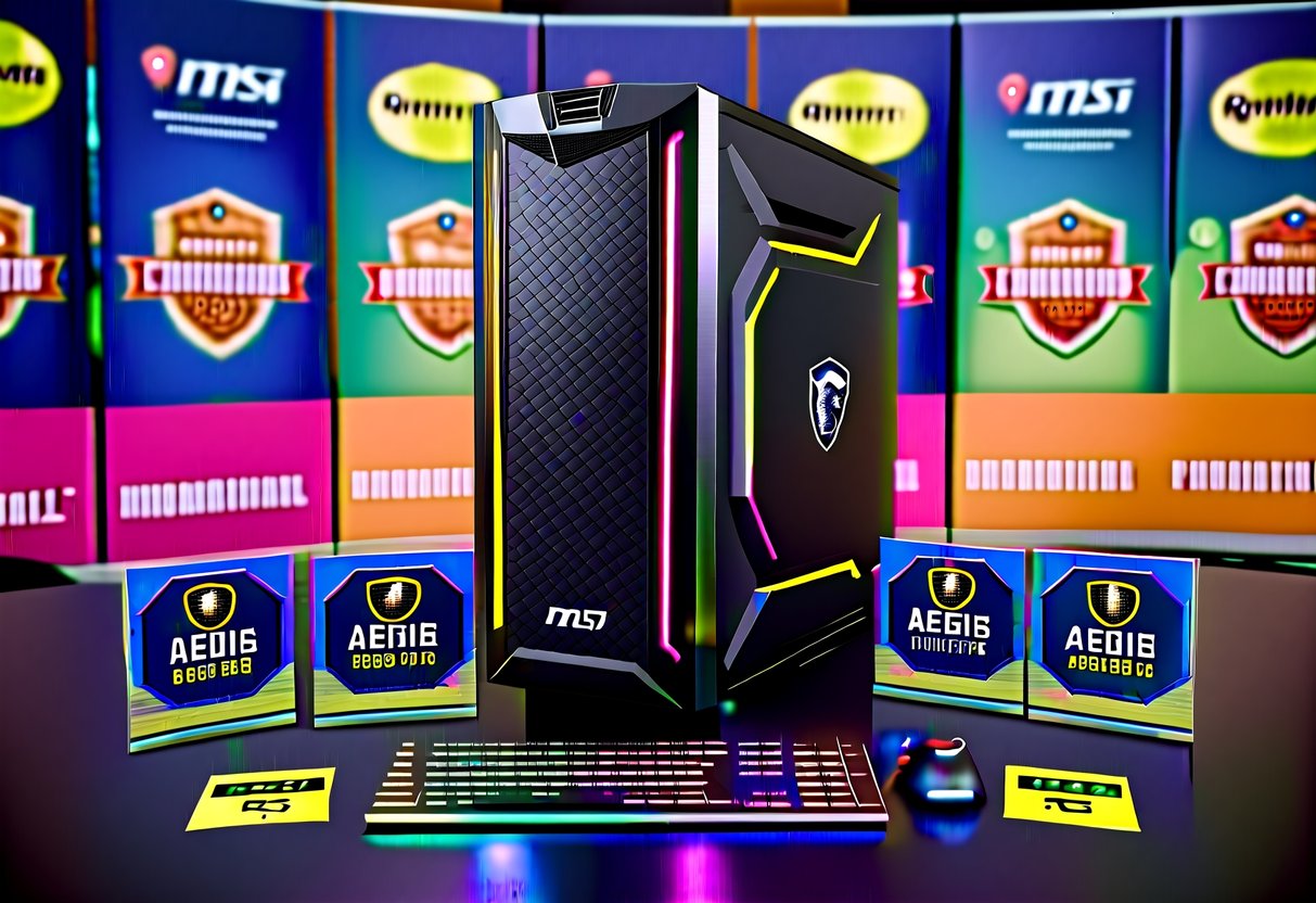 A sleek MSI Aegis RS desktop PC surrounded by vibrant promotional banners and logos