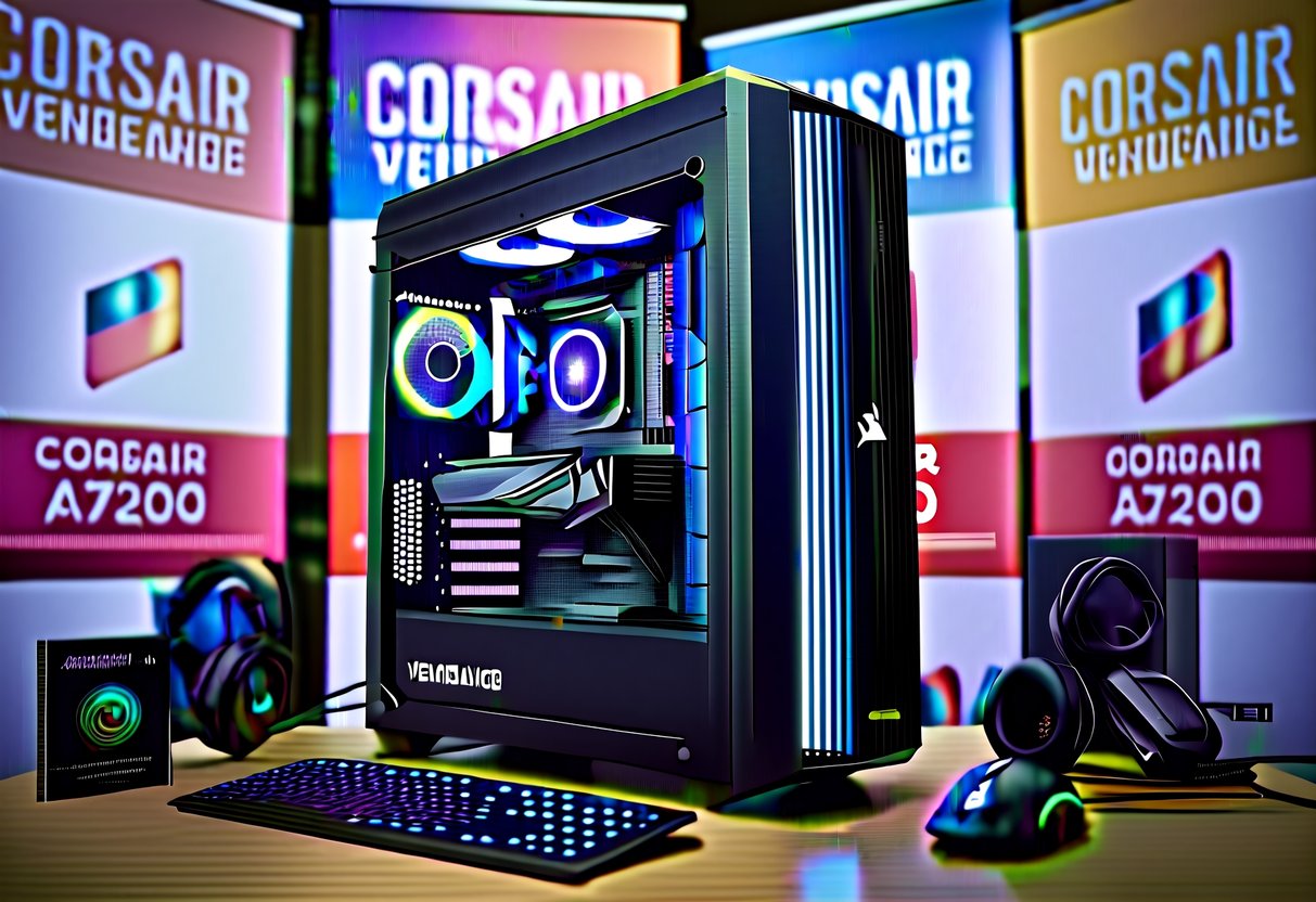 A sleek and powerful Corsair Vengeance a7200 desktop PC surrounded by promotional banners and computer accessories