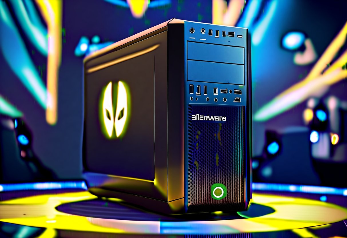 A sleek Alienware Aurora R12 desktop PC on sale, surrounded by futuristic graphics and glowing lights