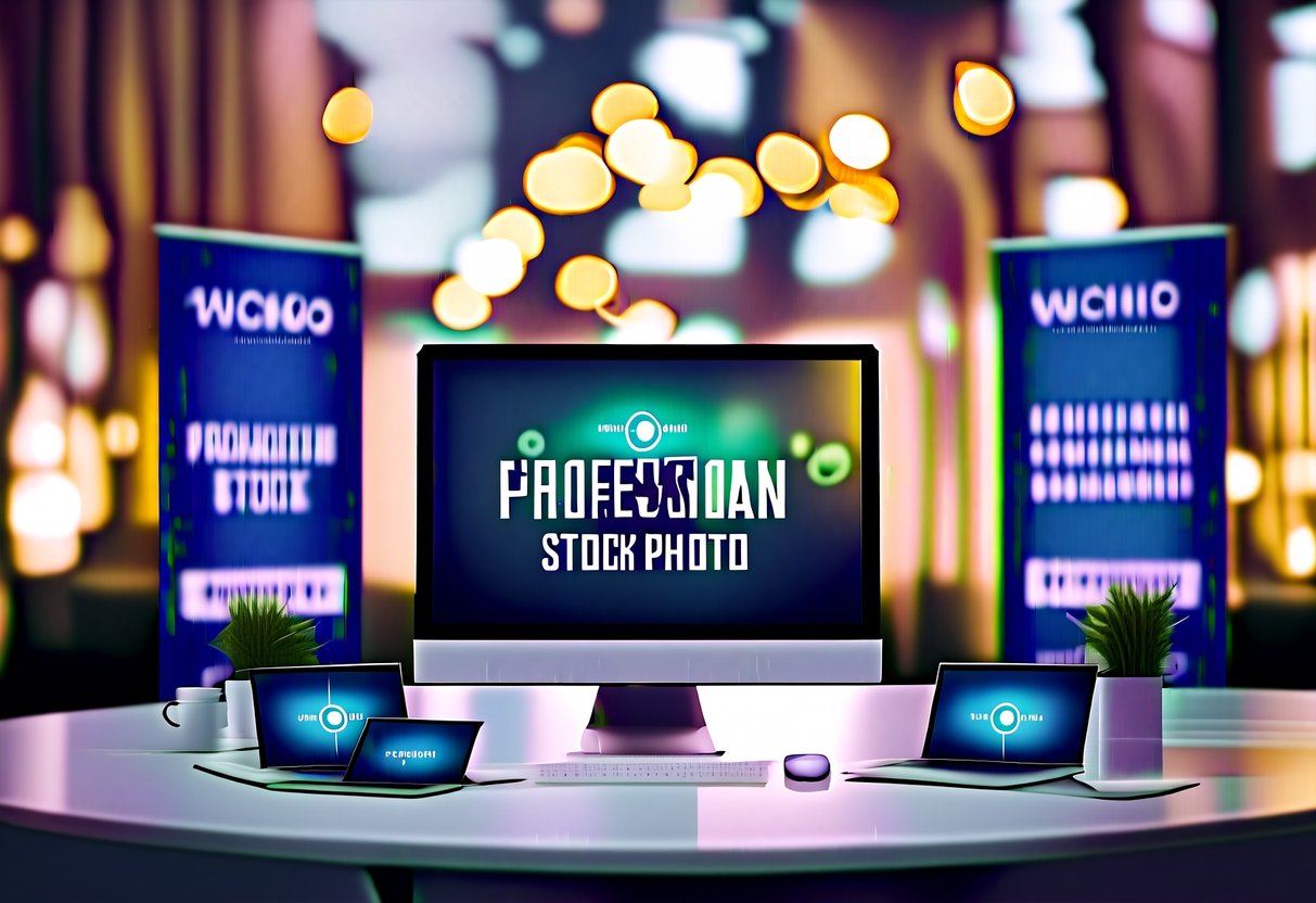 A desktop PC surrounded by promotional banners and logos