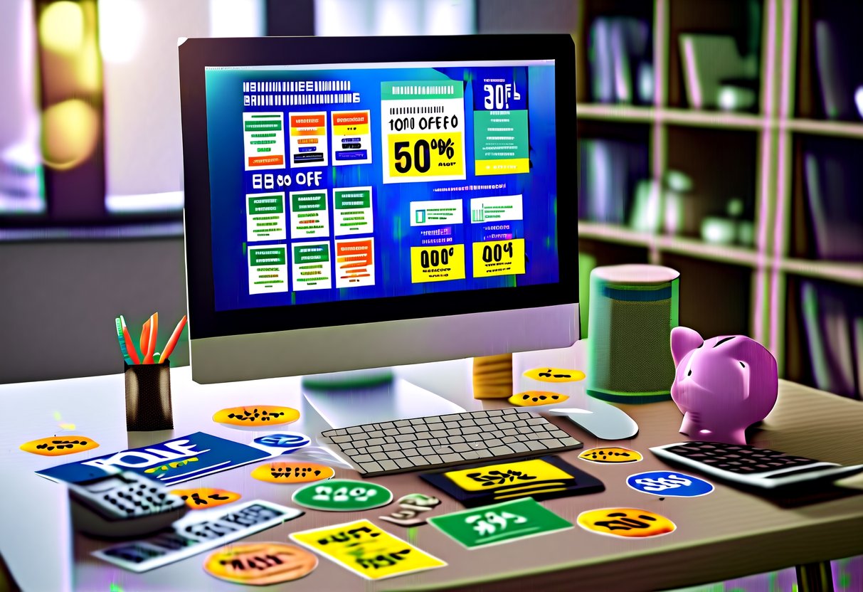 A desktop computer surrounded by various promotional offers and discount stickers, with a calculator and piggy bank nearby