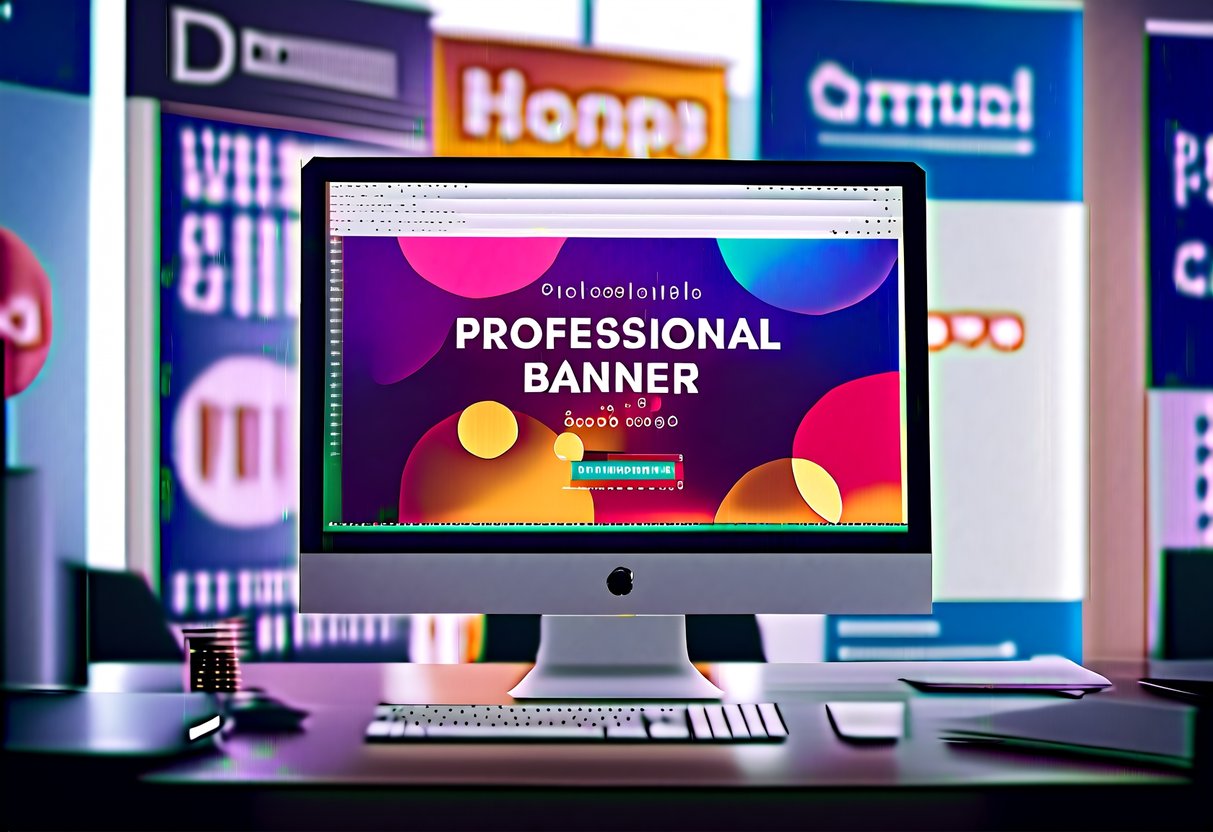 A desktop computer surrounded by promotional banners and logos