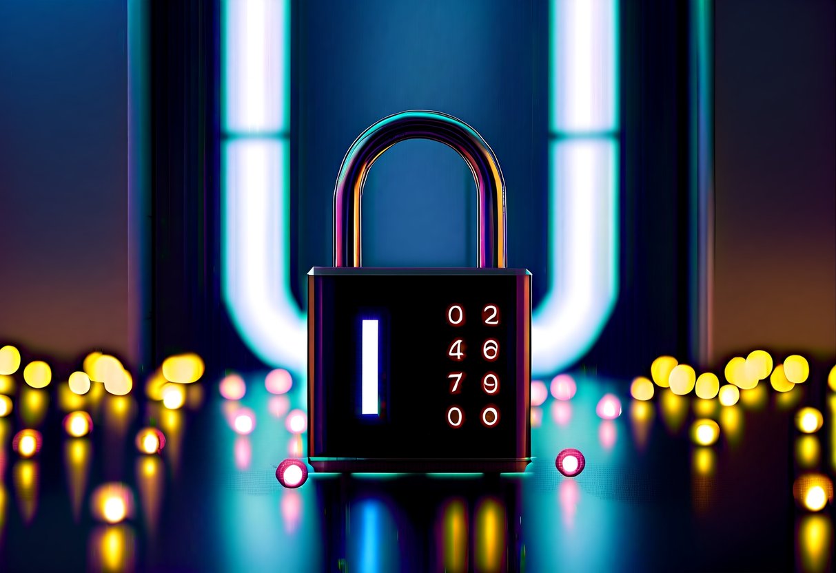 A digital lock surrounded by glowing, neon lights in a dark, futuristic setting
