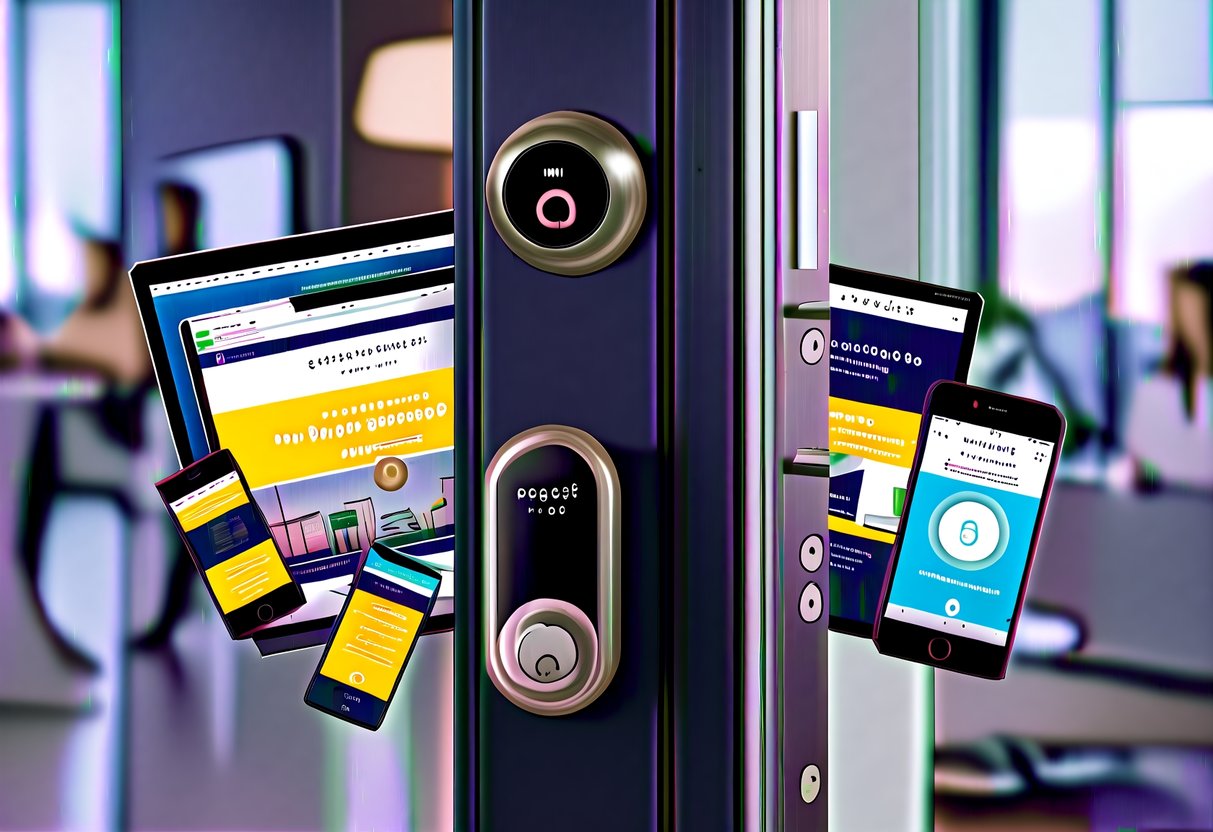 A sleek, modern door with an August Smart Lock Pro installed, surrounded by promotional materials and digital devices