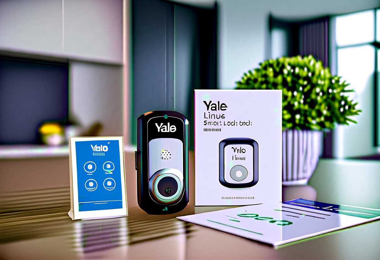 A Yale Linus Smart Lock displayed with promotional materials in a modern home setting