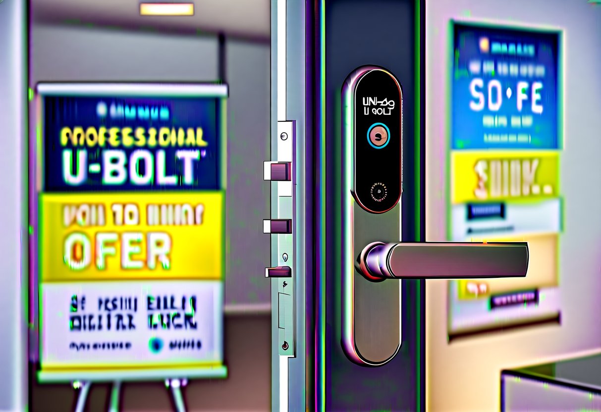 A sleek, modern door with Ultraloq U-Bolt Pro digital lock. A promotional banner hangs above, with bright colors and enticing offers