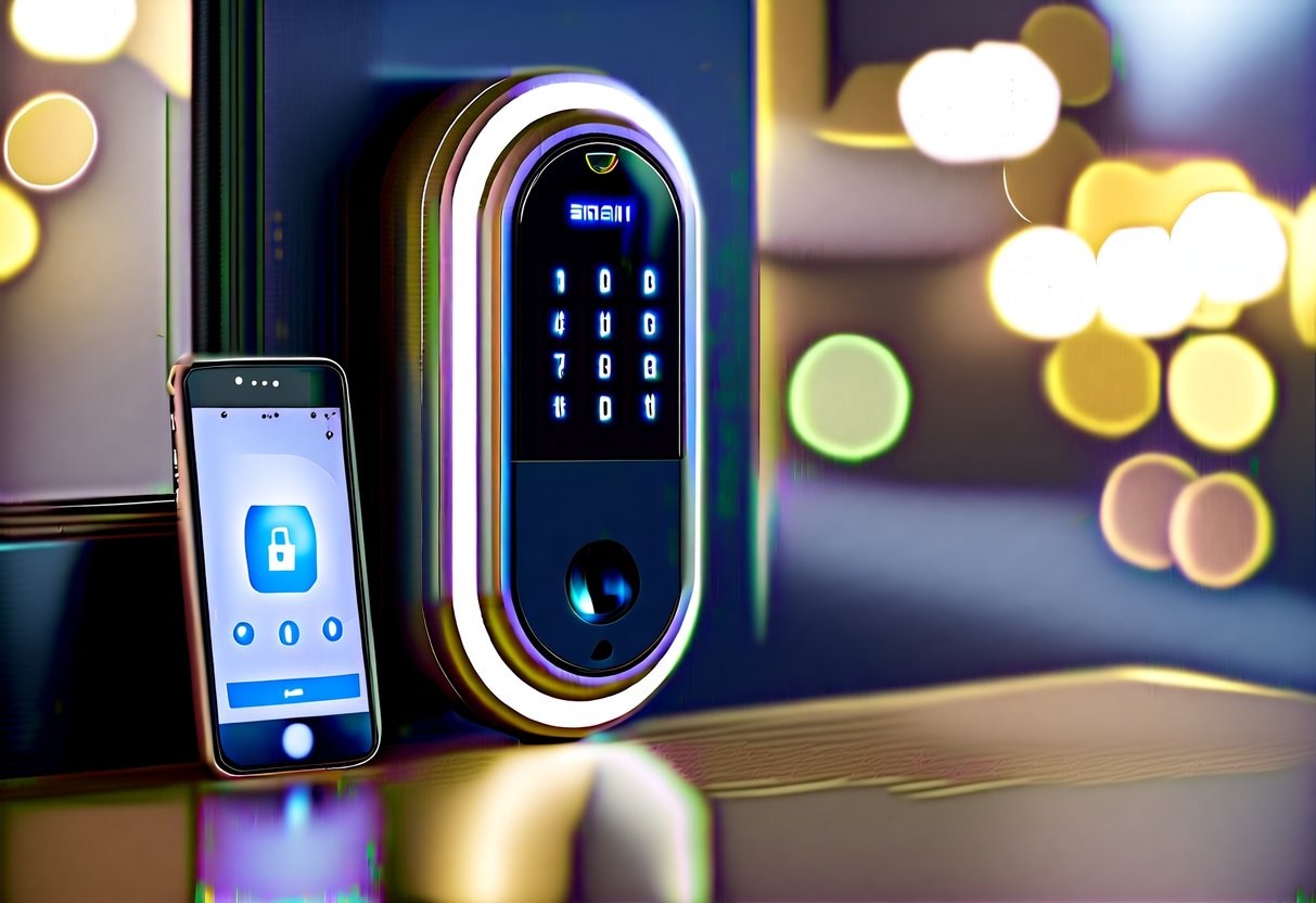 A sleek, modern smart lock with a glowing keypad and a smartphone displayed next to it, indicating remote access and control