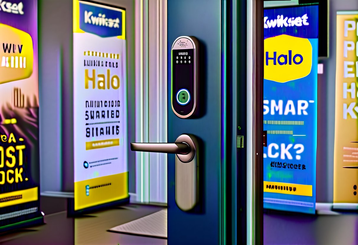 A front door with a Kwikset Halo Smart Lock, surrounded by promotional banners and signs