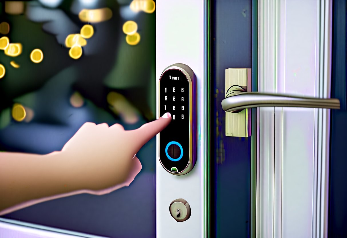 A smart lock being installed on a front door, with a person's hand reaching out to touch the keypad
